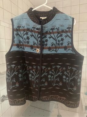 Floral Jacquard Sleeveless Vest - Blue & Brown
